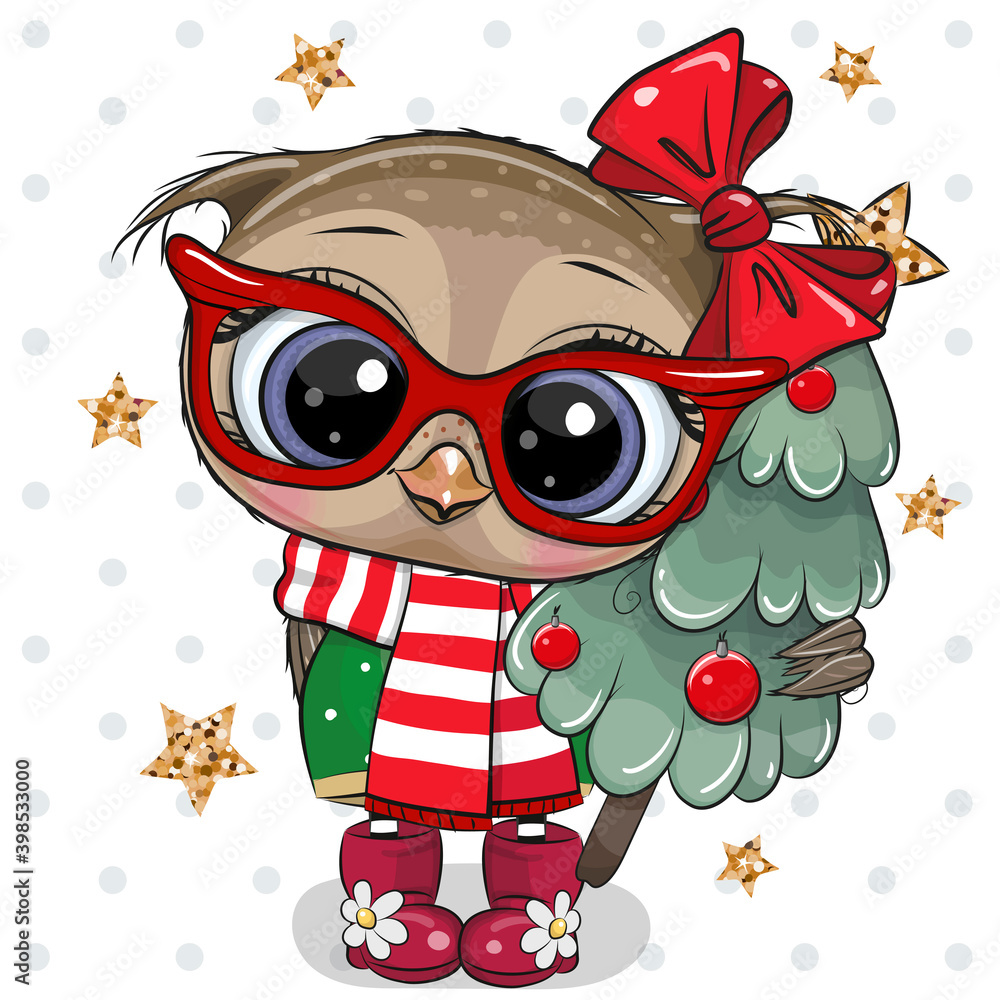 Fototapeta premium Cute Cartoon Owl with Christmas tree on a white background
