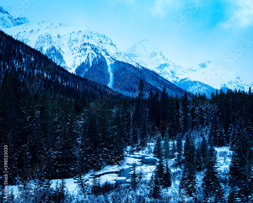 snow capped mountains and valley stream