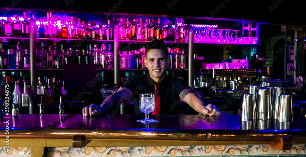 Mid adult bartender smiling while standing in bar Mid adult bartender smiling while standing in bar