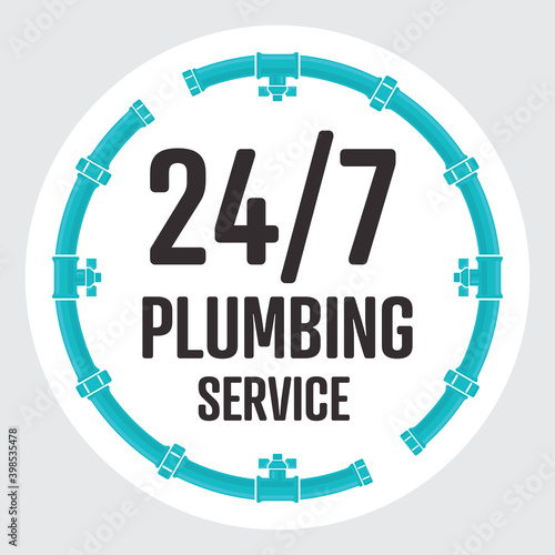 24-7 Plumbing Service circle badge. The round symbol or icon is a clock shape made out of pipes, valves and end caps. Concept for around the clock plumbing and sanitary services.