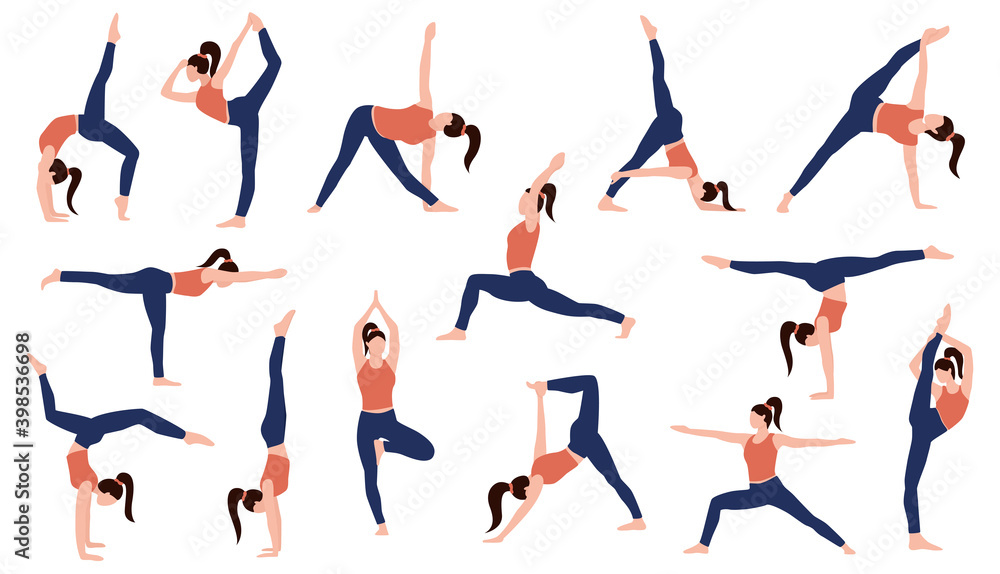 Yoga set. Isolated on white background woman yoga. Healthy lifestyle. Vector illustration
