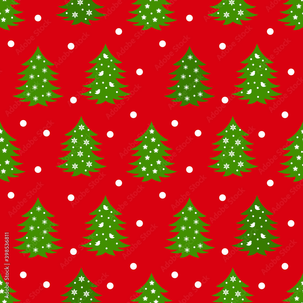 Fototapeta premium Green Christmas trees on red background seamless pattern. Vector illustration.
