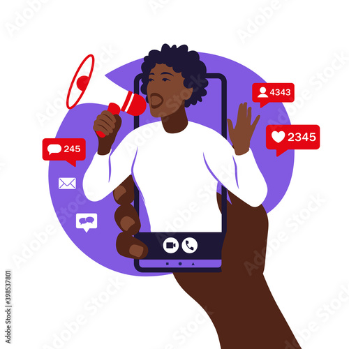 Hands holding smartphone with a african girl shouting in loud speaker. Influencer marketing, social media or network promotion. Blogger promotion services and goods for her followers online. Vector.