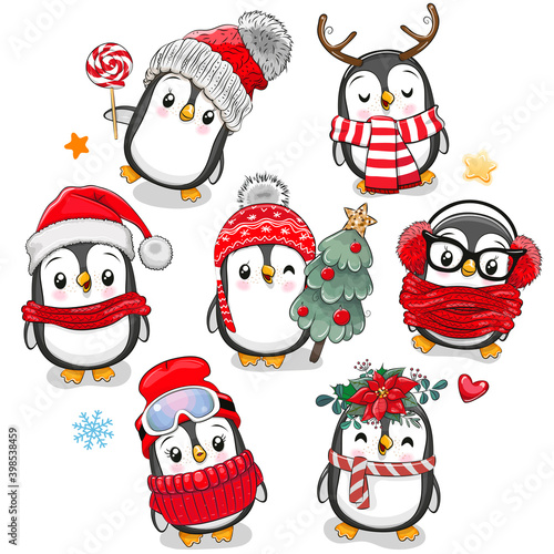 Cute cartoon Christmas Penguins on a white background