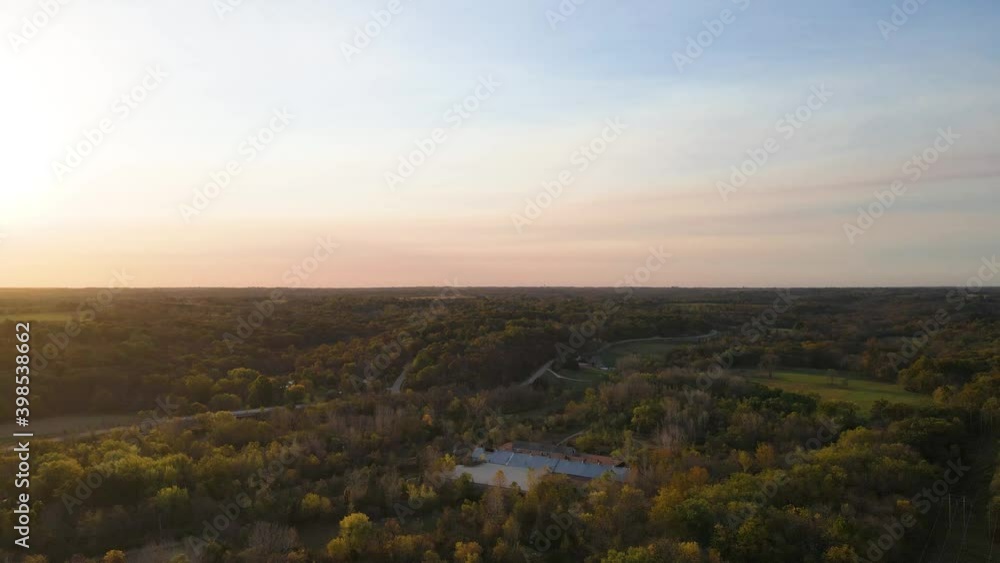 Rural Countryside Serene Landscape of Stilwell, Kansas at Sunset, Aerial Rural Countryside Serene Landscape of Stilwell, Kansas at Sunset, Aerial