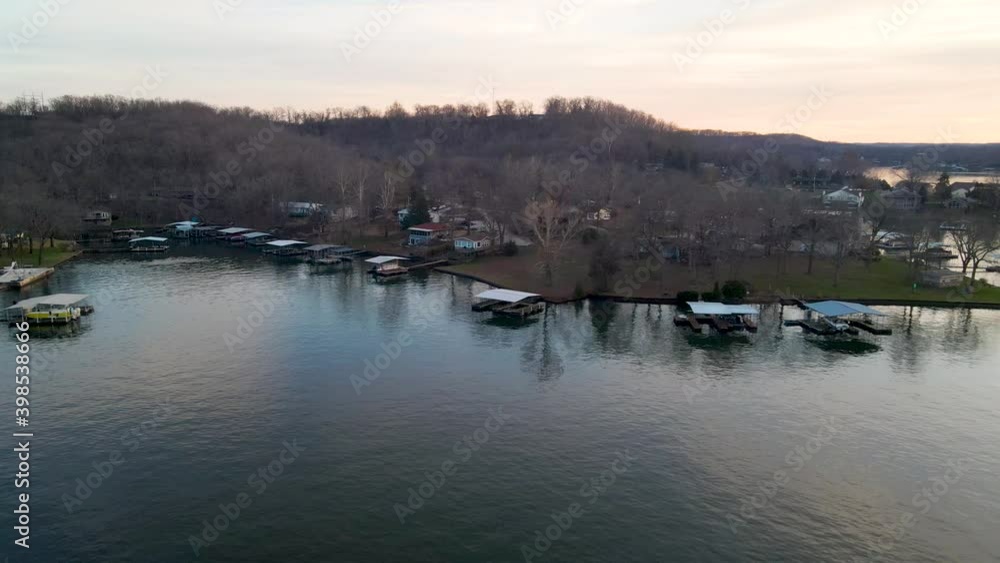 Lakeside Boat Marinas in Missouri Mountains by Ozark Reservoir Lake, Aerial Lakeside Boat Marinas in Missouri Mountains by Ozark Reservoir Lake, Aerial