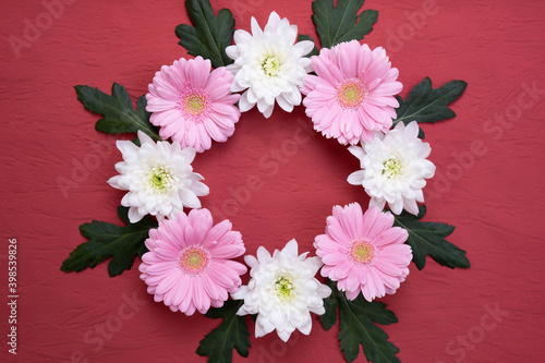 leaves, flowers of pink gerbera and white chrysanthemum lie in the shape of a circle
