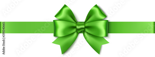 Decorative green double bow with realistic shadow and horizontal ribbon isolated on white background. Christmas or New Year decoration. Vector stock illustration.