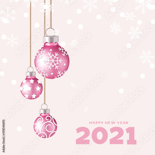 Decorative pink Christmas balls with rope and happy New Year 2021 text on pink background with snowflakes. New year decoration. Vector illustration