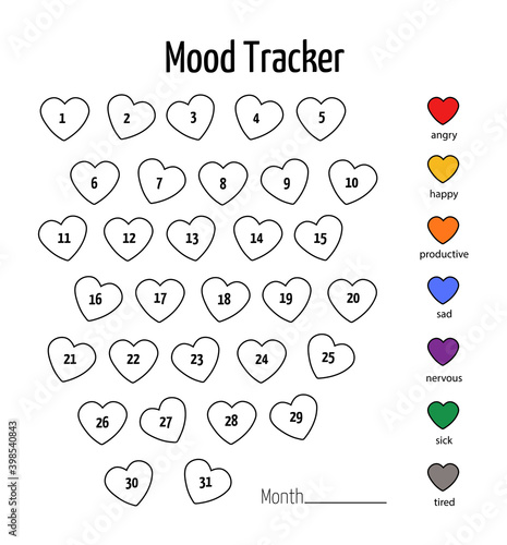 Mood tracker calendar. Year in pixels, Mood Planner, Feelings Tracker. Vector illustrations