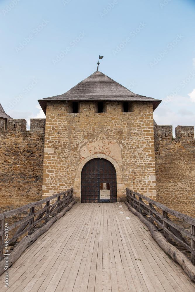Passage to the medieval castle, the main gate, the wooden bridge, the only door. Ancient fort.