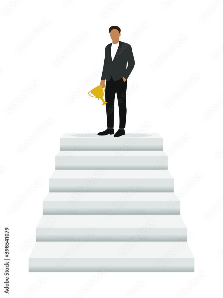 A male character with a golden cup in his hand is standing on the top of the stairs