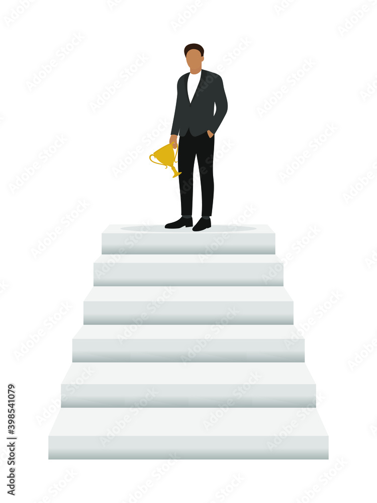 A male character with a golden cup in his hand is standing on the top of the stairs A male character with a golden cup in his hand is standing on the top of the stairs