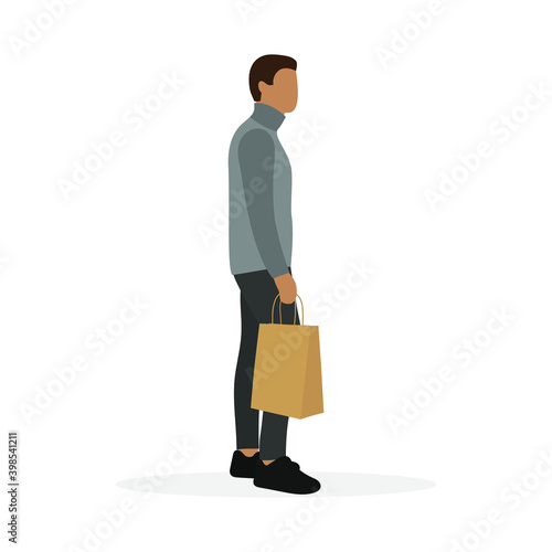 Male character with paper bag in hand on white background