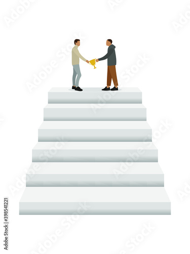 Two male characters are standing on the highest rung of the staircase and holding one golden cup