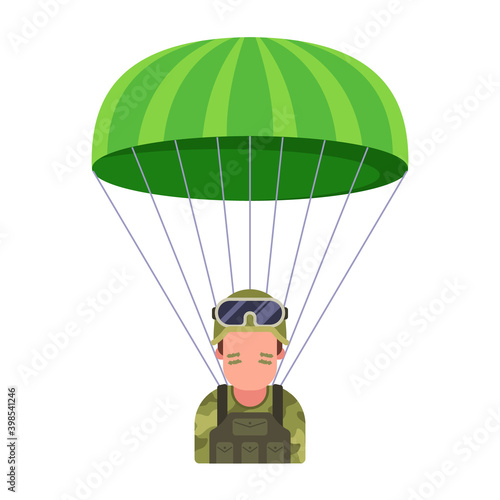 military parachutist descends from the sky on the battlefield. flat vector illustration.
