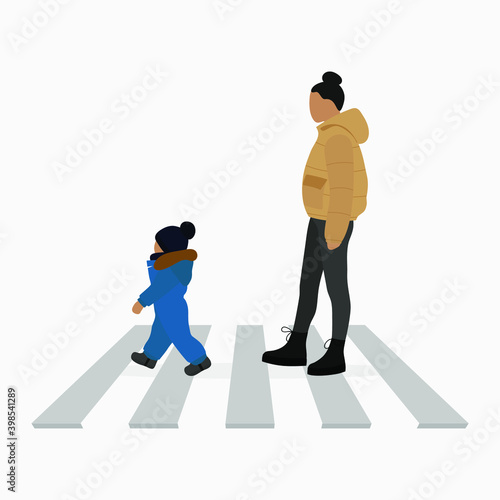 Female character in a jacket and a little boy in warm overalls are walking along a pedestrian crossing on a white background