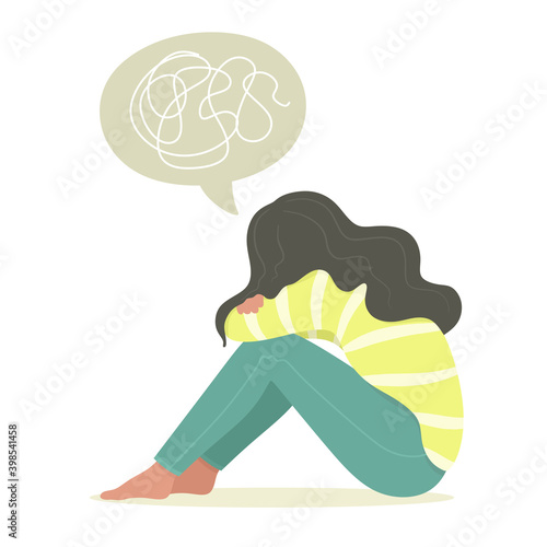 Seated young woman, teenage girl, suffering from psychological illness, disorder, anxiety. Vector illustration in flat style.