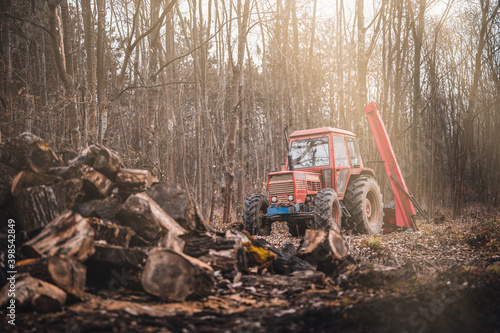Old red tractor in autumn forest. Forestry tractor or forestry tractor for harvesting wood in the forest.