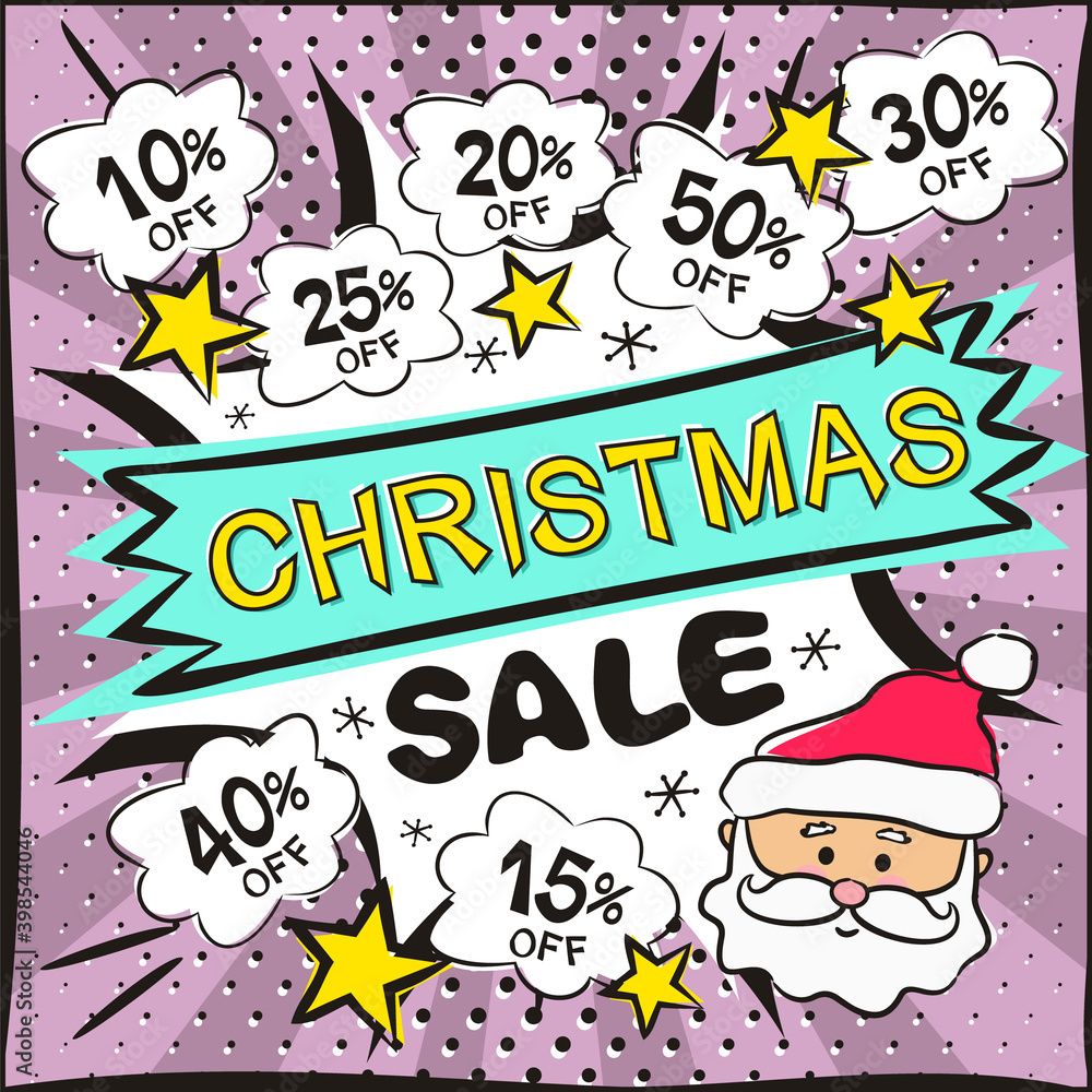 Christmas Sale Bright lilac banner in popart style. Cartoon Explosion, Santa Claus, clouds and stars. Blank for discount banner, presentation, coupons, template. Vector illustration