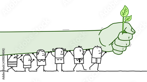 Cartoon Protesting People with Big Green Fist
