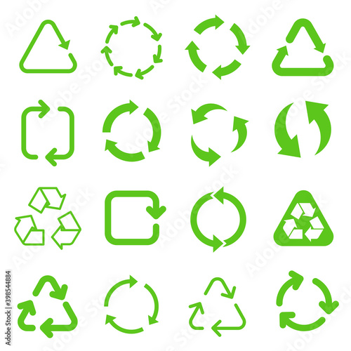 Biodegradable, compostable, recyclable icon set. Set of green arrow recycle. Mega set of recycle icon. Green recycling and rotation arrow icon pack.Vector illustration