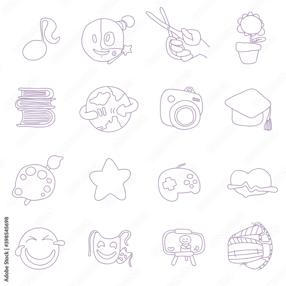 Hobbies Icons. Reading, music, handicrafts, gardening, drawing, travelling, photography, videotape, fitness, blogger. unusual style. Vector Illustration. Hobbies Icons. Reading, music, handicrafts, gardening, drawing, travelling, photography, videotape, fitness, blogger. unusual style. Vector Illustration.