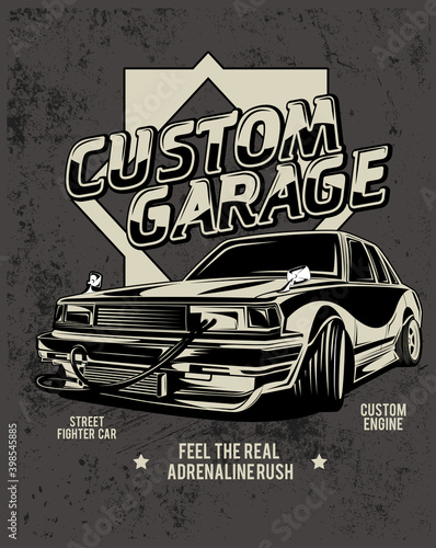 custom garage, illustration of a classic racing car modification