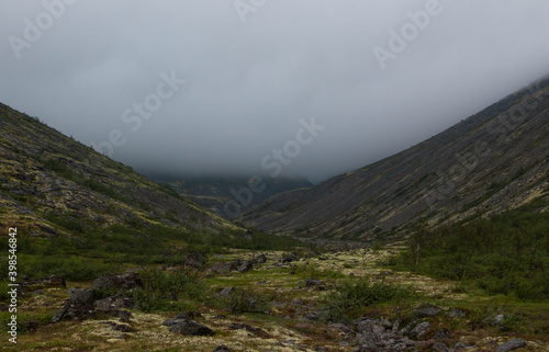 Scenic view of tundra in summertime with mountains background and peak in