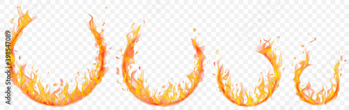 Set of burning arcs in different sizes with translucent fire flames on transparent background. For used on light illustrations. Transparency only in vector format