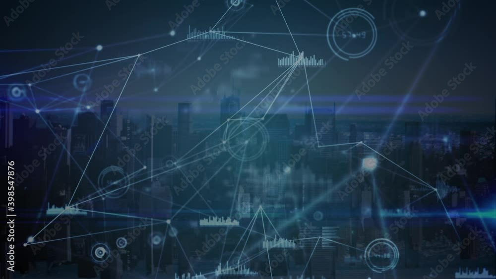 Digital composite video of network of connections and data processing against cityscape
