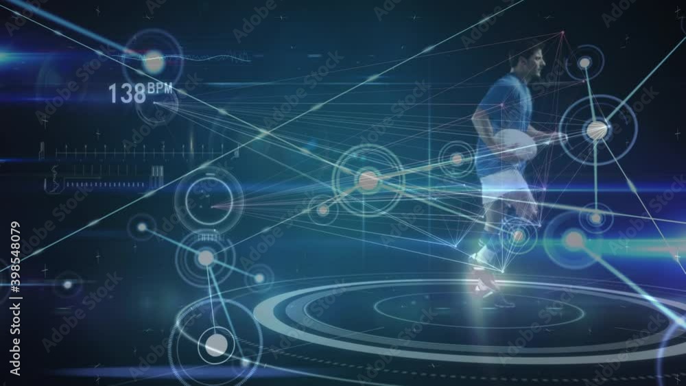Animation of male rugby player, network of connections and data processing Animation of male rugby player, network of connections and data processing
