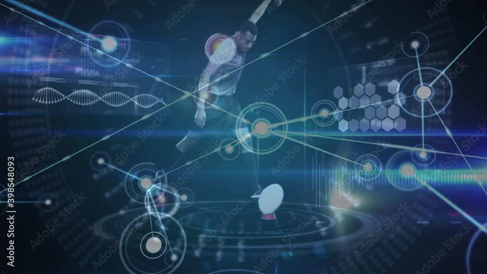 Animation of male rugby player kicking ball, dna and network of connections Animation of male rugby player kicking ball, dna and network of connections