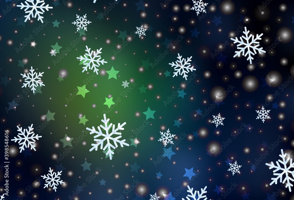Dark Green vector template with ice snowflakes, stars. Dark Green vector template with ice snowflakes, stars.