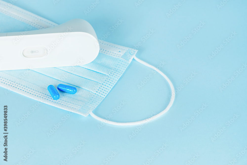 Mask medical blue thermomer and pills. Mask medical blue thermomer and pills.