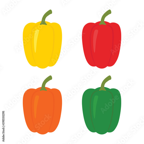 Set of four peppers. Yellow, red, orange and green pepper.