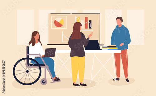 Inclusive workplace concept. Millennials working in the office, teamwork, young adults communicating at work, inclusive collective. Flat cartoon vector illustration with fictional chatacter