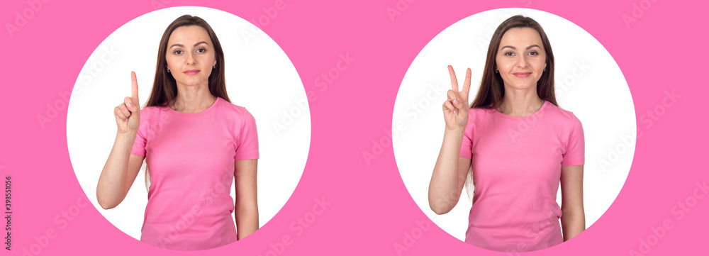 Two portraits, young woman shows one and two fingers, isolated on pink background. Two portraits, young woman shows one and two fingers, isolated on pink background.