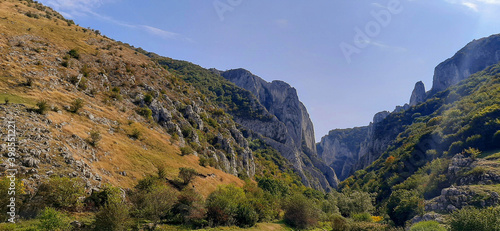 The entrance of a spectacular cliff gorge called Cheile Turzii (Turda Gorge). Steep rock with forest and mountains. Natural preserve with marked trails for scenic gorge hikes. 