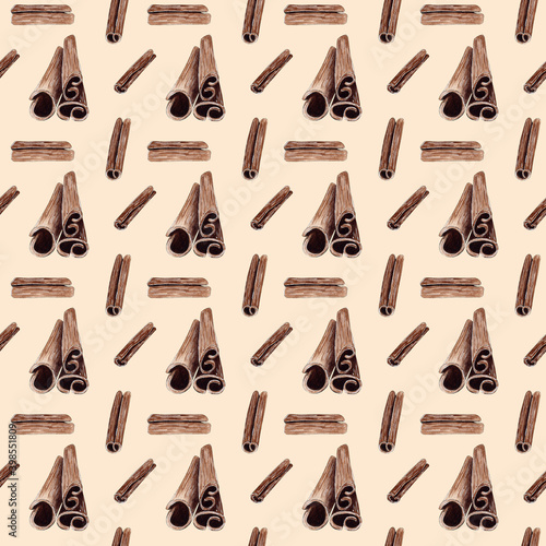 Watercolor cinnamon sticks pattern. Cinnamon background. Seamless Digital paper.