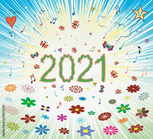 Happy spring summer 2021 optimistic sunrise abstract colorful background with bloom blossom number letters 2021. Cover for calendar, greeting card, web page, holiday background. 