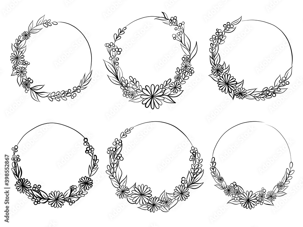 Frames, Circles Collection. Set of 6 Black Doodle Hand Drawn Decorative Outlined Wreaths with Branches, Herbs, Plants, Leaves and Flowers, Florals. Vector Illustration. 