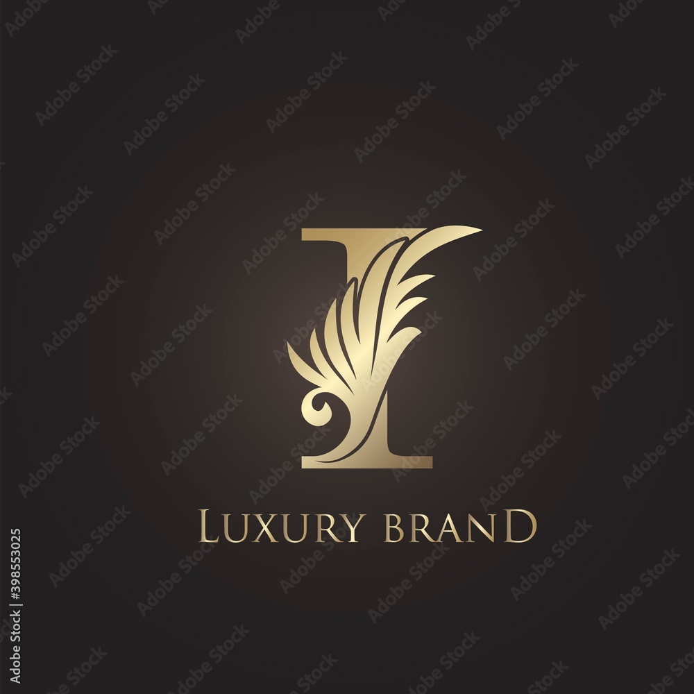 Obraz premium Luxury Letter I Logo Gold Monogram Feather Decorative Ornate Ornament Vector Design