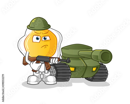 fried eggs soldier with tank character. cartoon mascot vector