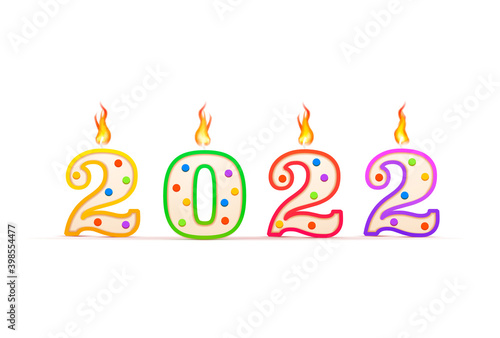 2022 year number shaped birthday candle with fire on white