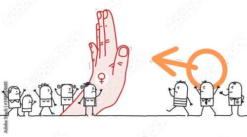 Cartoon Protesting Feminist Women, Stopping Aggressive Men