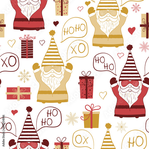 Vector red yellow santa claus hohoho winter seamless pattern print background.