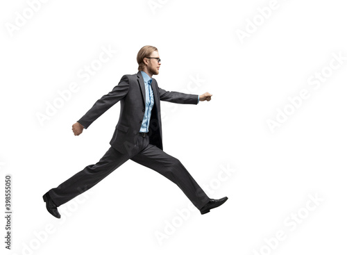 man businessman jumping or running