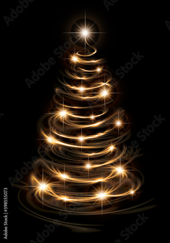 Light painting of a Christmas tree with candlelight on a black background, digital illustration