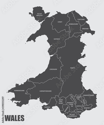 The Wales isolated map divided in regions with labels